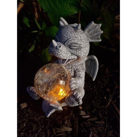 Garden Dragon Statues - Adorable Baby Resin Dragon Figurines, Holding Magic Orb - Picture 1 of 1